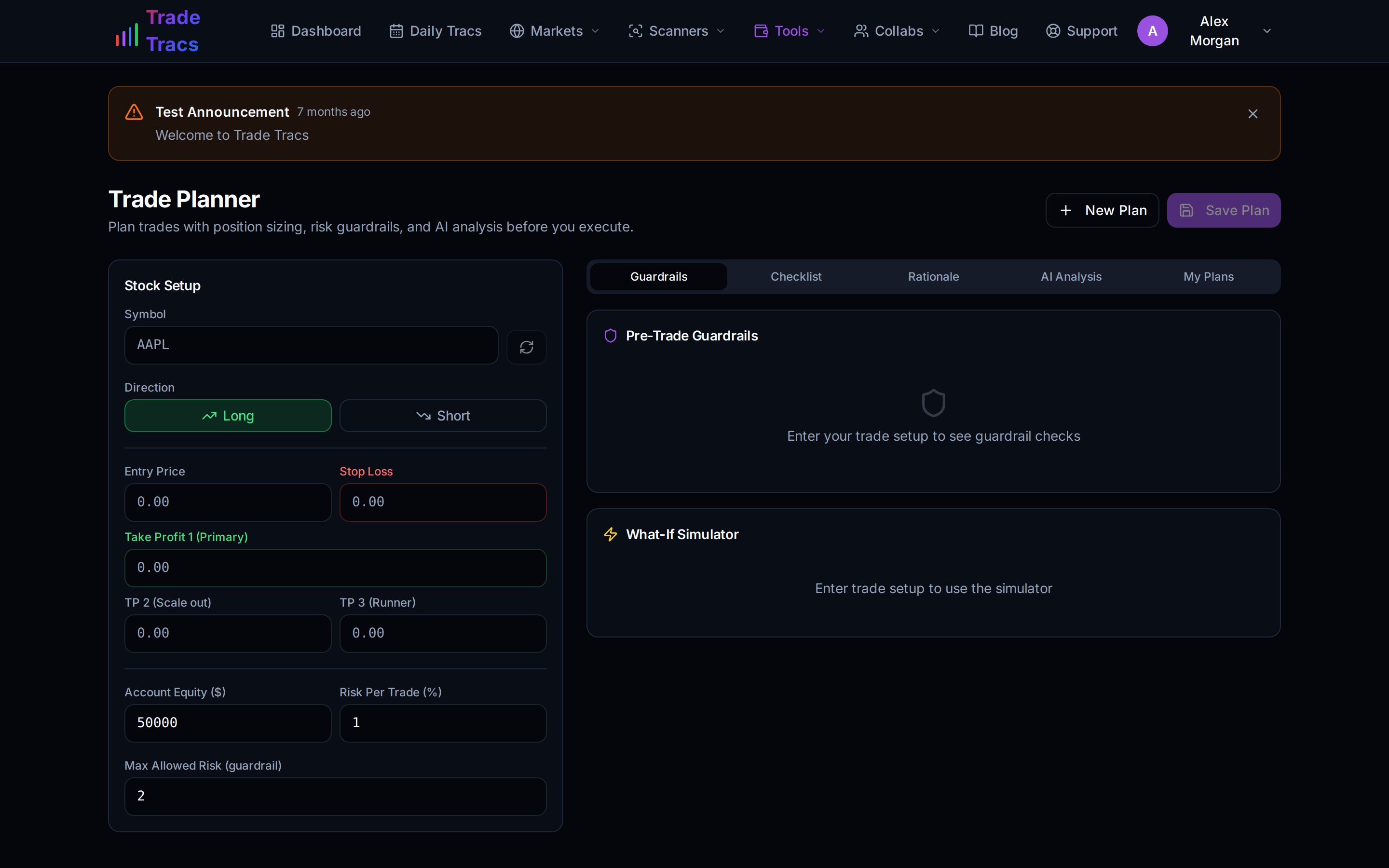 Trade Tracs Trade Planner with position sizing, risk guardrails, and a what-if simulator